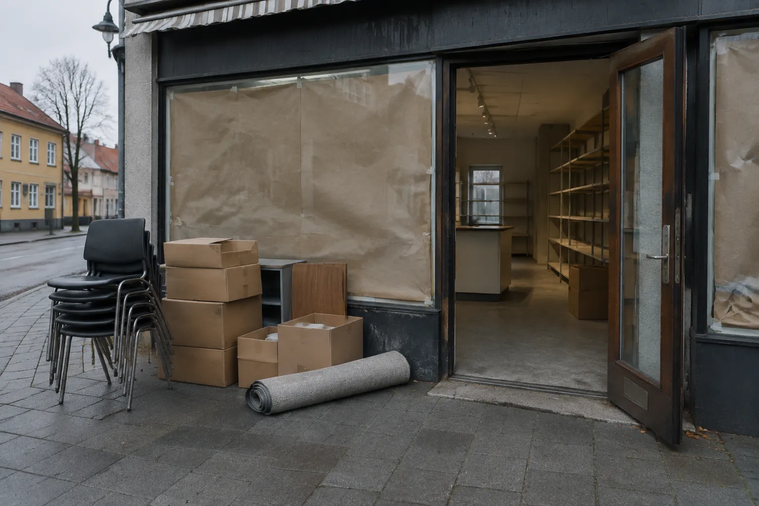 Tömd butikslokal med pappersklädda skyltfönster, staplade stolar och flyttkartonger på trottoaren