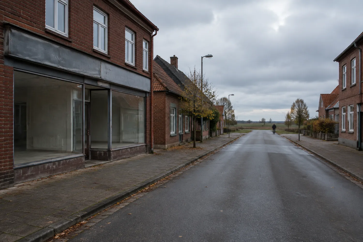 Gata i en skånsk småstad med låga tegelhus, en tom butikslokal och slättlandskap i fonden