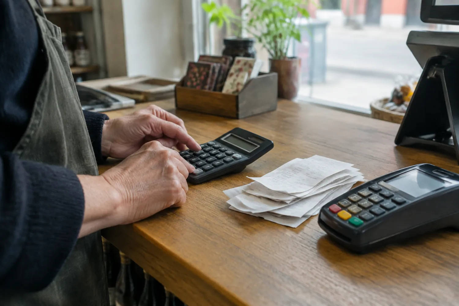 Händer som slår på en miniräknare bredvid kvitton och en kortterminal på en butiksdisk