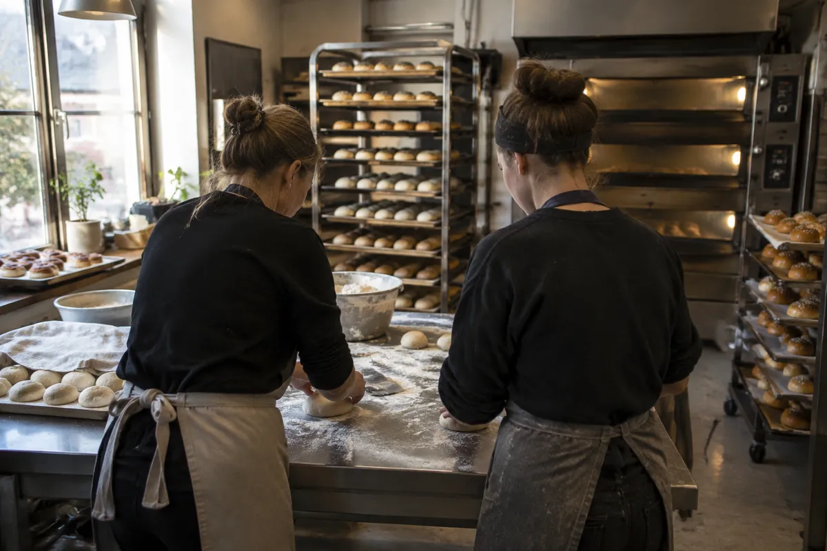 Två bagare formar deg vid ett mjölat ståbord i ett litet bageri, med plåtar av bullar och en ugn i bakgrunden